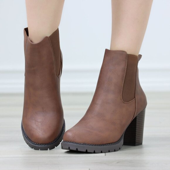 Womens Ankle Boots Lug Block Heel Brown Synthetic Leather Round Toe Elastic Gore - Picture 7 of 11